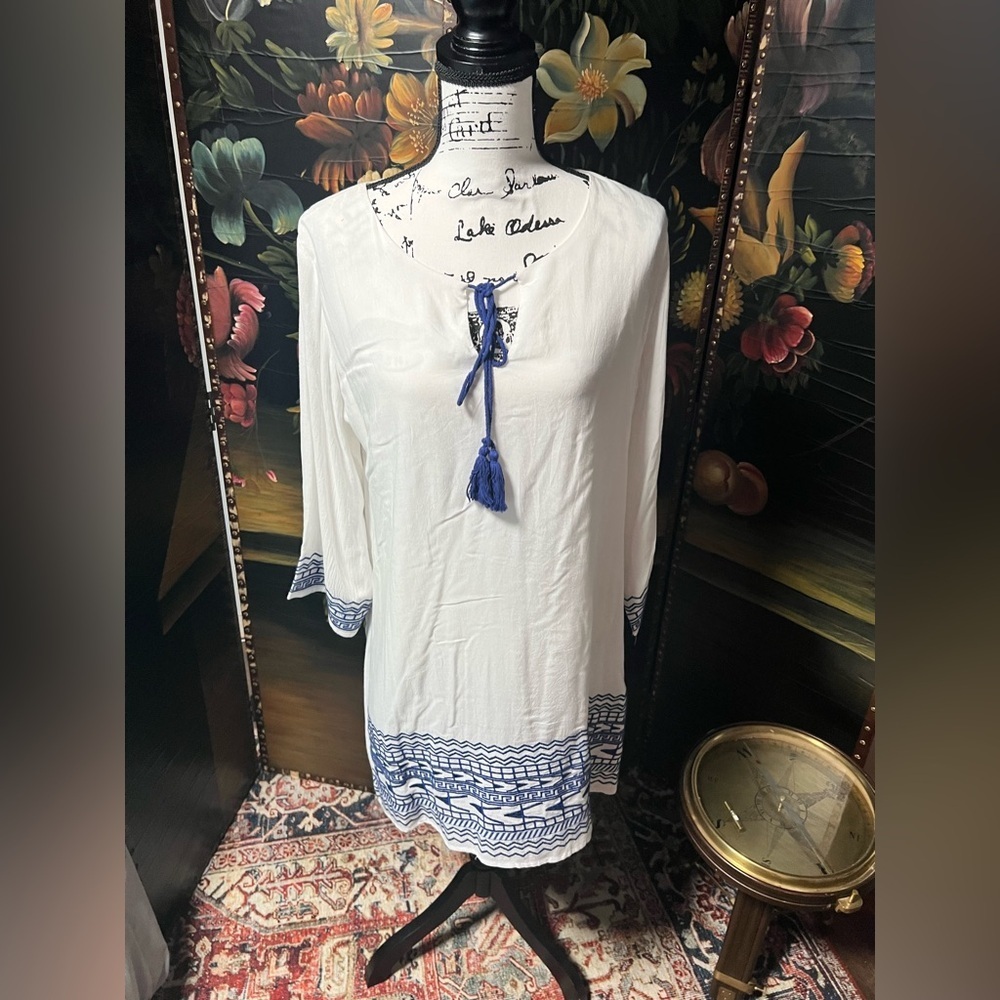 Entro Anthropologie  Tunic Blue White Tassel Sleeves Dress